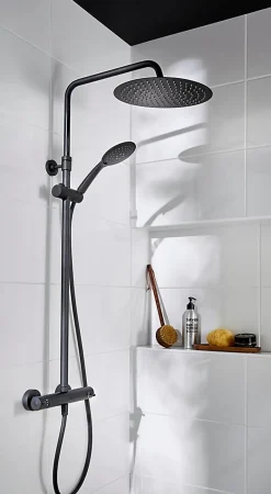 GoodHome Colonne de douche thermostatique avec pommeau + douchette 3 jets + flexible + barre réglable, noir mat, Weddell