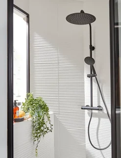 GoodHome Colonne de douche thermostatique avec pommeau + douchette 3 jets + flexible + barre réglable, noir mat, Weddell