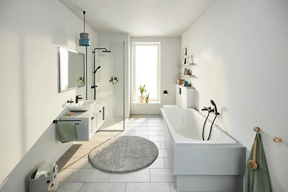 Grohe Colonne de douche thermostatique avec douchette + pommeau + flexible + barre, noir, Vitalio Start 250