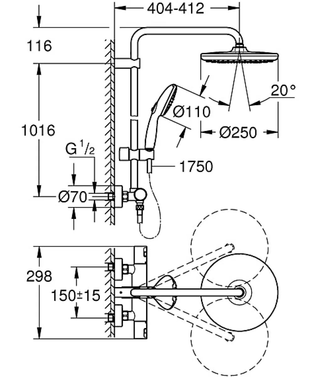 Grohe Colonne de douche thermostatique avec douchette + pommeau + flexible + barre, noir, Vitalio Start 250