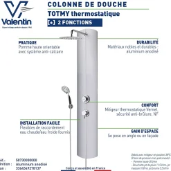 Valentin Colonne de douche thermostatique avec pomme de tête, douchette et flexible, en aluminium anodisé gris, Totmy