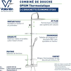 Colonne De Douche Thermostatique|Valentin Colonne de douche thermostatique anti-brûlure avec tablette, pomme de tête ronde, douchette et flexible, chrome, Opium