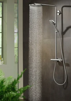 Hansgrohe Colonne de douche thermostatique avec pommeau + douchette 1 jet + flexible + barre réglable, chrome, Raindance Select S 240 PowderRain
