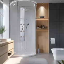 Colonne De Douche Hydromassante|Valentin Colonne de douche thermostatique hydromassante 6 buses avec tablette, pomme de tête, douchette 3 jets et flexible, gris, Totem Alu