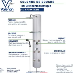 Colonne De Douche Hydromassante|Valentin Colonne de douche thermostatique hydromassante 6 buses avec tablette, pomme de tête, douchette 3 jets et flexible, gris, Totem Alu