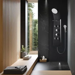 Valentin Colonne de douche thermostatique hydromassante 4 buses avec tablette, pomme de tête, douchette 3 jets et flexible, noir mat, Nautilus