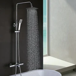 Kibath Colonne de douche thermostatique GAS carrée extra-longue, 100-150 cm, finition chrome poli, en laiton