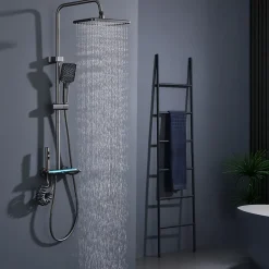 Homelody Colonne de Douche Thermostatique avec Étagère Jet Pluie et Cascade Hauteur Réglable 800-1000 mm Verre et Laiton Gris anthracite
