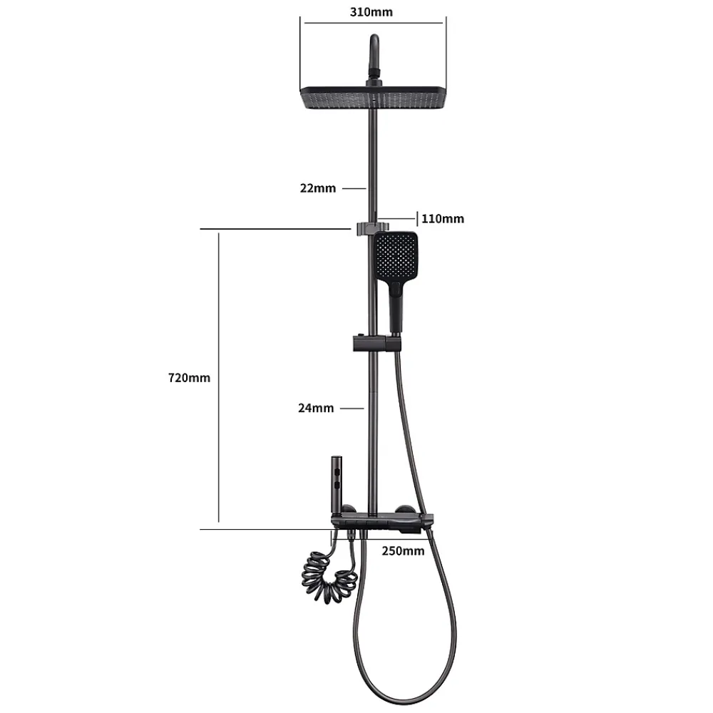 Homelody Colonne de Douche Thermostatique avec Étagère Jet Pluie et Cascade Hauteur Réglable 800-1000 mm Verre et Laiton Gris anthracite