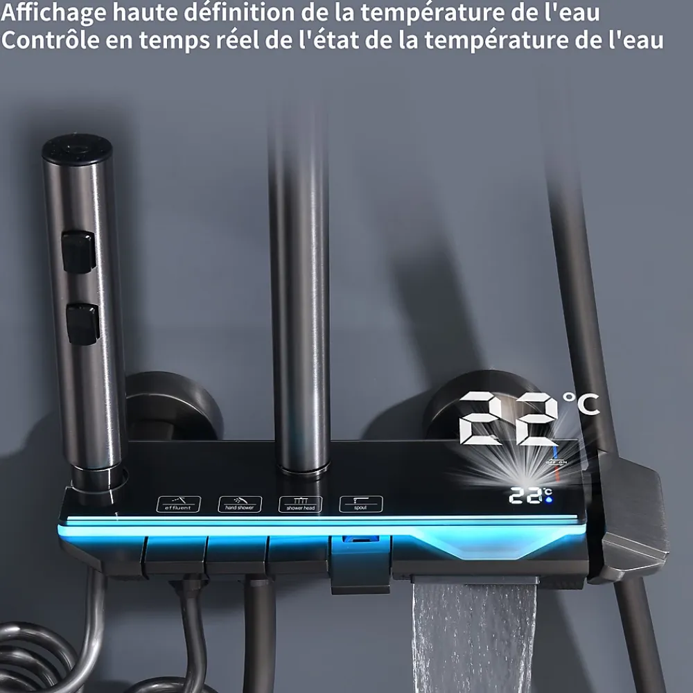 Homelody Colonne de Douche Thermostatique avec Étagère Jet Pluie et Cascade Hauteur Réglable 800-1000 mm Verre et Laiton Gris anthracite