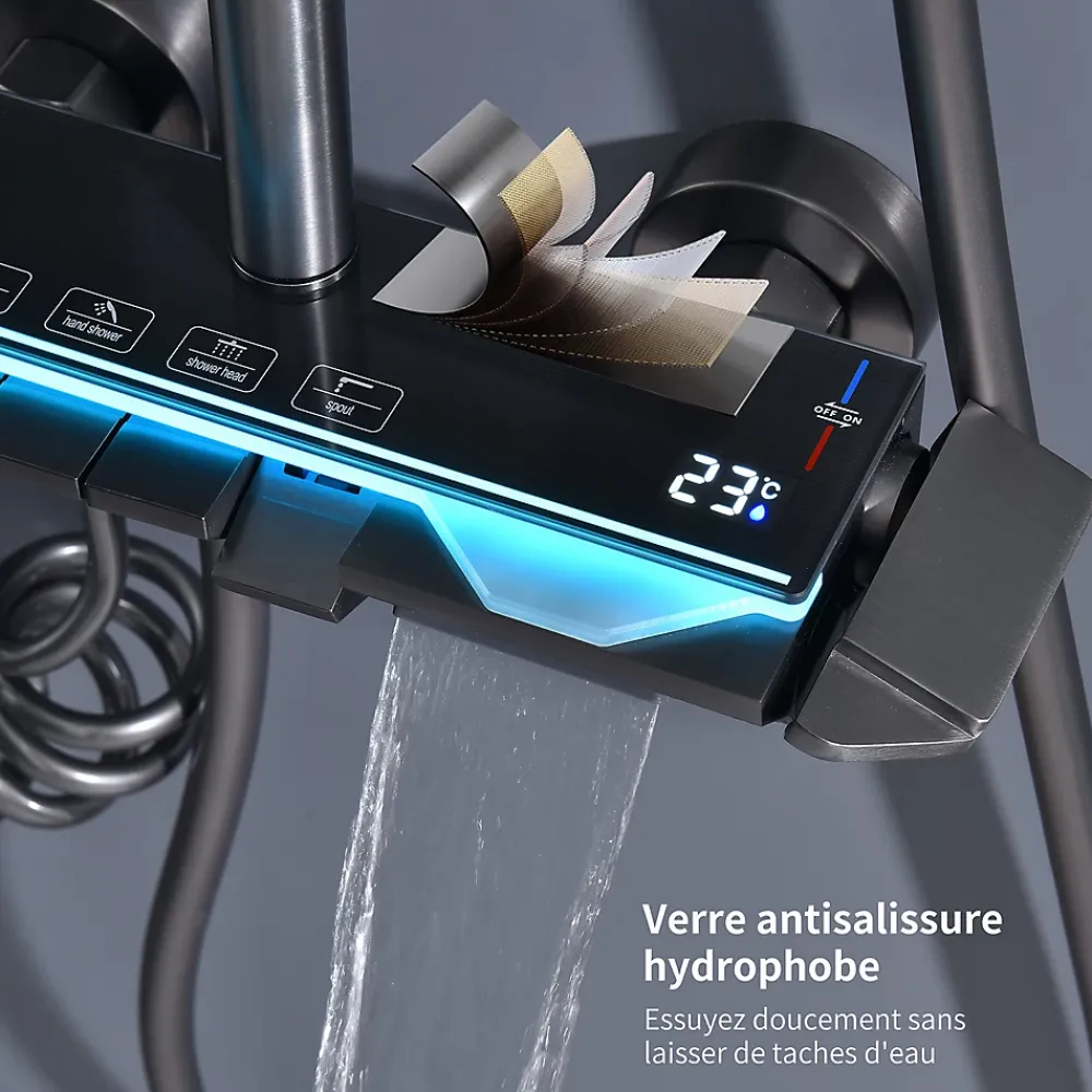 Homelody Colonne de Douche Thermostatique avec Étagère Jet Pluie et Cascade Hauteur Réglable 800-1000 mm Verre et Laiton Gris anthracite