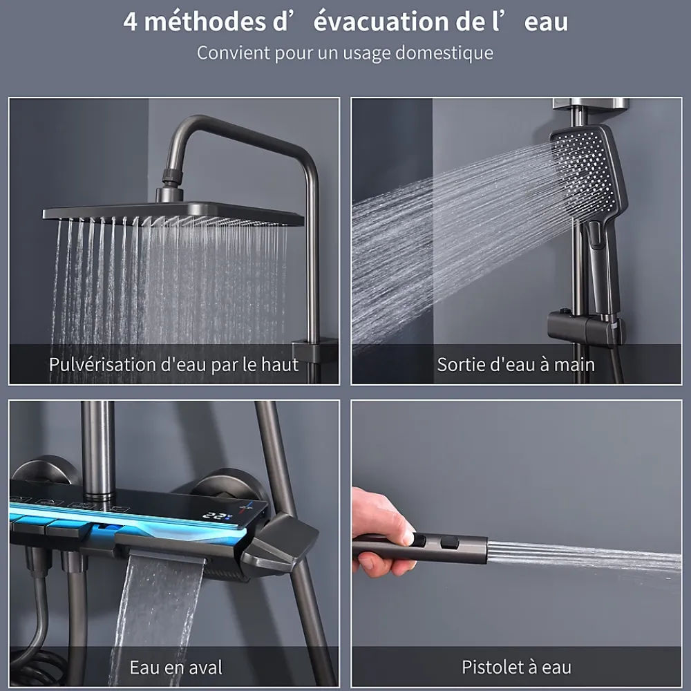 Homelody Colonne de Douche Thermostatique avec Étagère Jet Pluie et Cascade Hauteur Réglable 800-1000 mm Verre et Laiton Gris anthracite