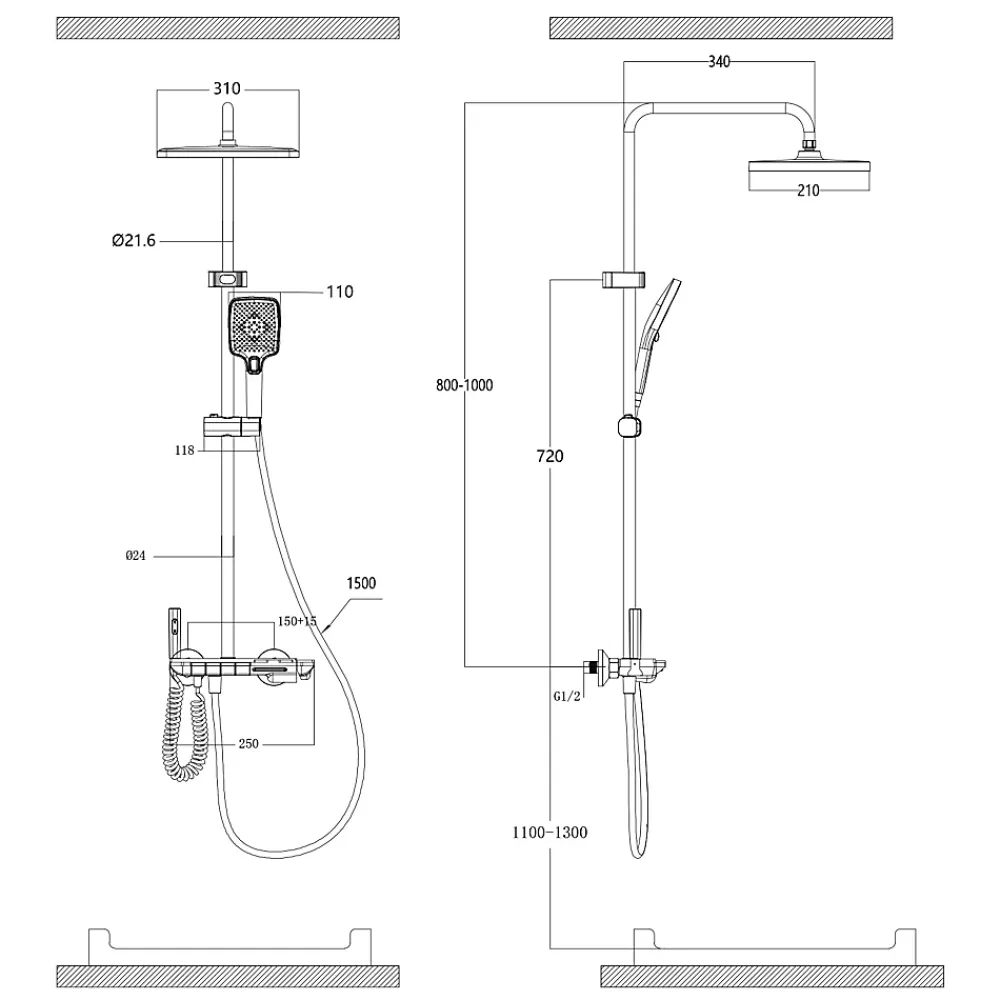Homelody Colonne de Douche Thermostatique avec Étagère Jet Pluie et Cascade Hauteur Réglable 800-1000 mm Verre et Laiton Gris anthracite