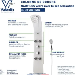 Valentin Colonne de douche thermostatique hydromassante 4 buses avec tablette, pomme de tête, douchette 3 jets et flexible, verre blanc, Nautilus
