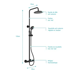 Colonne De Douche Thermostatique|Galedo Colonne de douche thermostatique avec pommeau + douchette 2 jets + flexible + barre réglable, noir mat, Arty