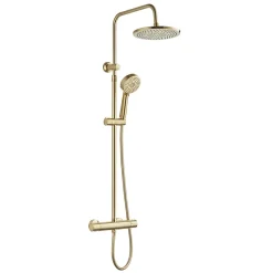 Edouard Rousseau Colonne de douche thermostatique ronde avec douchette, pomme de douche, barre réglable et mitigeur, doré brossé, Lueggo