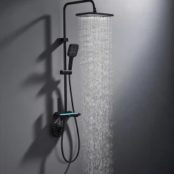 Colonne De Douche Mécanique|Homelody Colonne de Douche Thermostatique avec Étagère Jet Pluie et Cascade Hauteur Réglable 800-1000 mm Verre et Laiton Noir
