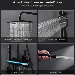 Colonne De Douche Mécanique|Homelody Colonne de Douche Thermostatique avec Étagère Jet Pluie et Cascade Hauteur Réglable 800-1000 mm Verre et Laiton Noir