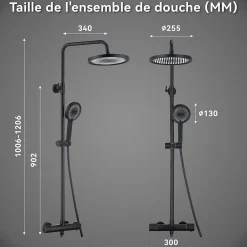 Colonne De Douche Thermostatique|Homelody Colonne de Douche Thermostatique Noir Ensemble de Douche Avec Douchette 3 Fonctions Jet Pluie Hauteur Réglable 1006 a 1206 mm