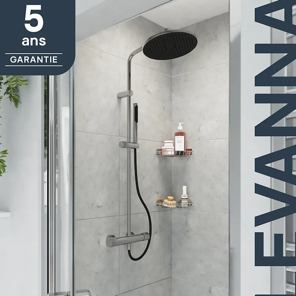 GoodHome Colonne de douche thermostatique avec pommeau, douchette 2 jets, flexible, barre réglable, chrome, Levanna