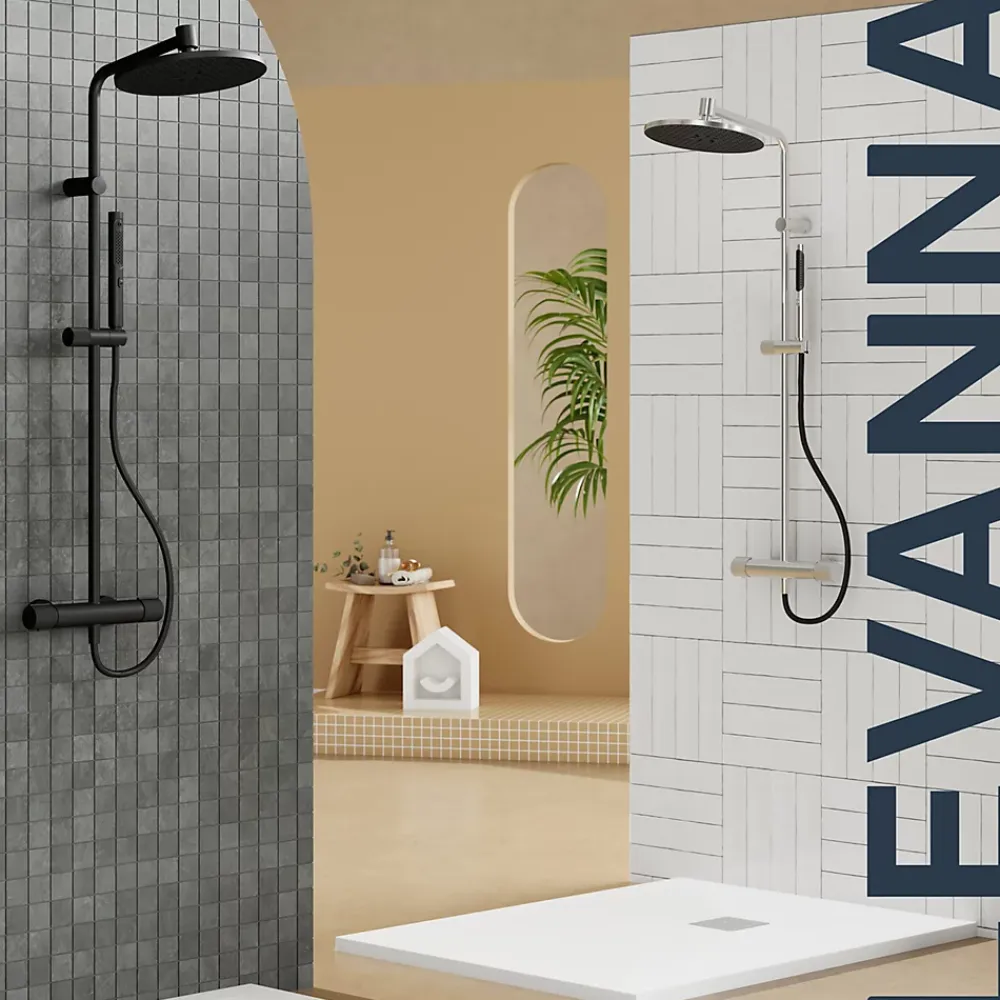 GoodHome Colonne de douche thermostatique avec pommeau, douchette 2 jets, flexible, barre réglable, chrome, Levanna