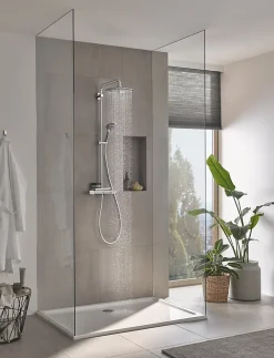 Colonne De Douche Thermostatique|Grohe Colonne de douche thermostatique avec pommeau + douchette 3 jets + flexible + barre réglable, chrome, Vitalio Joy System 260