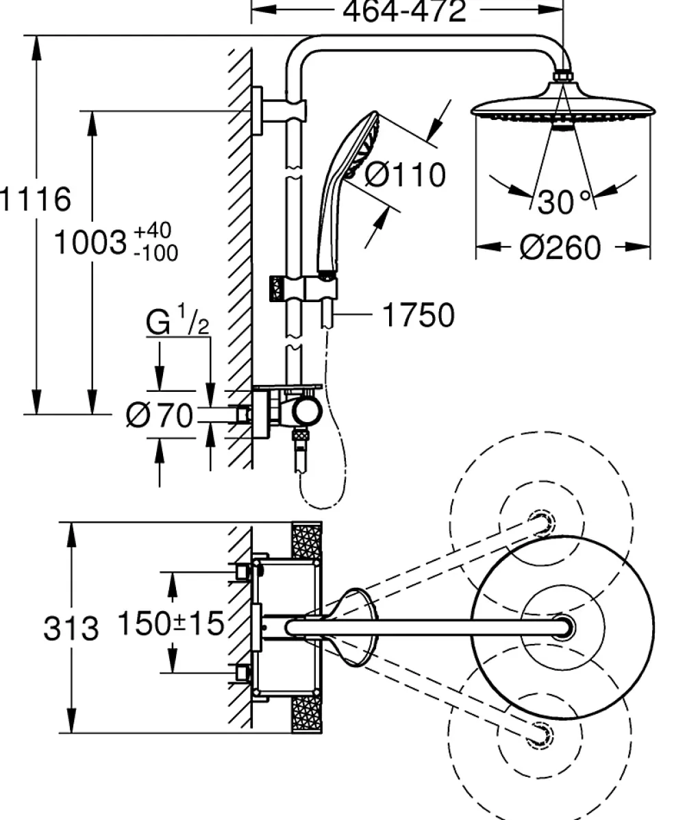 Colonne De Douche Thermostatique|Grohe Colonne de douche thermostatique avec pommeau + douchette 3 jets + flexible + barre réglable, chrome, Vitalio Joy System 260