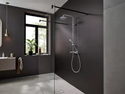 Hansgrohe Colonne de douche thermostatique avec pommeau + douchette 2 jets + flexible + barre réglable, chrome, Vernis Blend 200 EcoSmart
