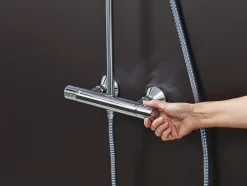 Hansgrohe Colonne de douche thermostatique avec pommeau + douchette 2 jets + flexible + barre réglable, chrome, Vernis Blend 200 EcoSmart