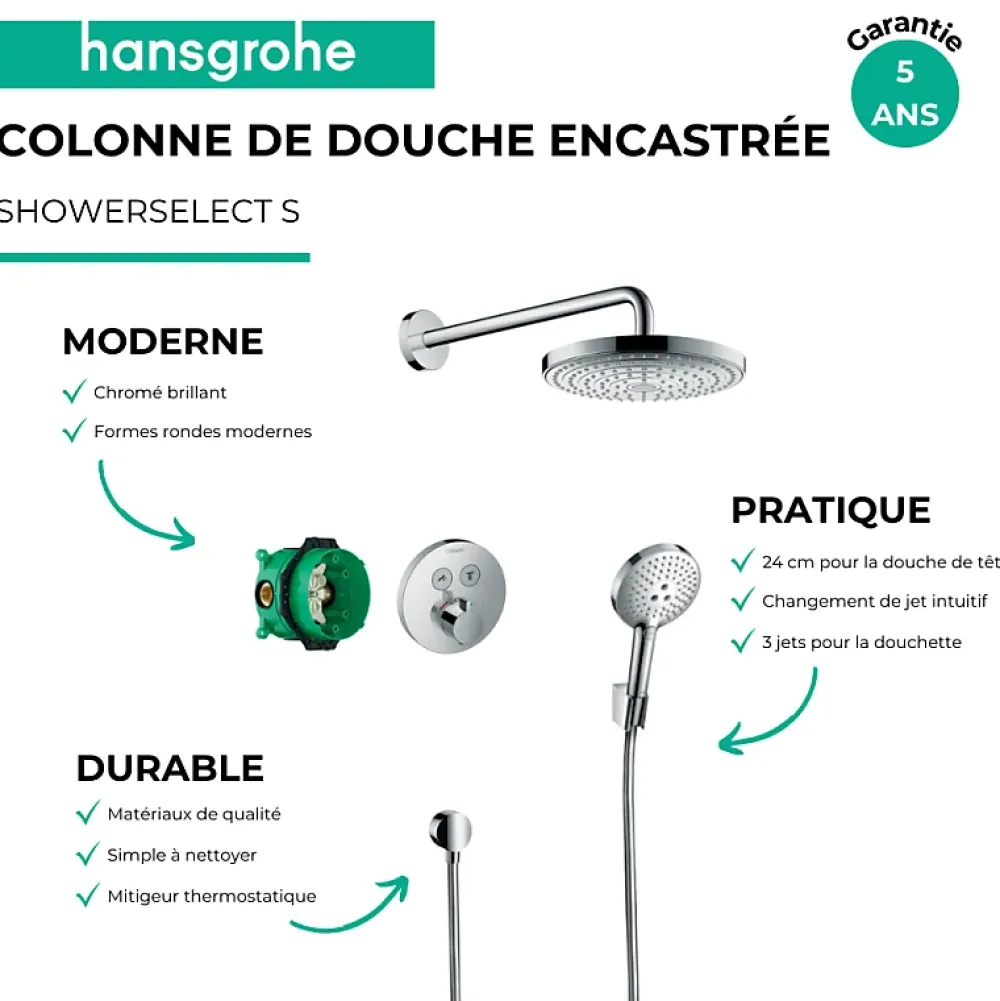 Hansgrohe Colonne de douche thermostatique encastrée ShowerSelect S chromé + douche de tête Raindance Select S