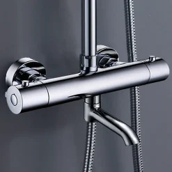 Kibath Colonne de douche thermostatique extra-longue AVEC bec carré de 100-150 cm, finition chrome poli, en laiton