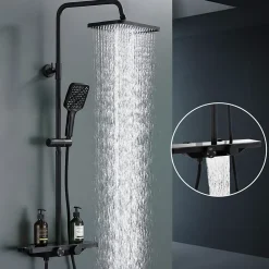 Homelody Colonne de Douche Thermostatique 38C avec Etageres Tete de Douche Pluie et Douchette Hauteur Reglable 1000 a 1240 mm Inox Noir