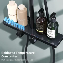 Homelody Colonne de Douche Thermostatique 38C avec Etageres Tete de Douche Pluie et Douchette Hauteur Reglable 1000 a 1240 mm Inox Noir