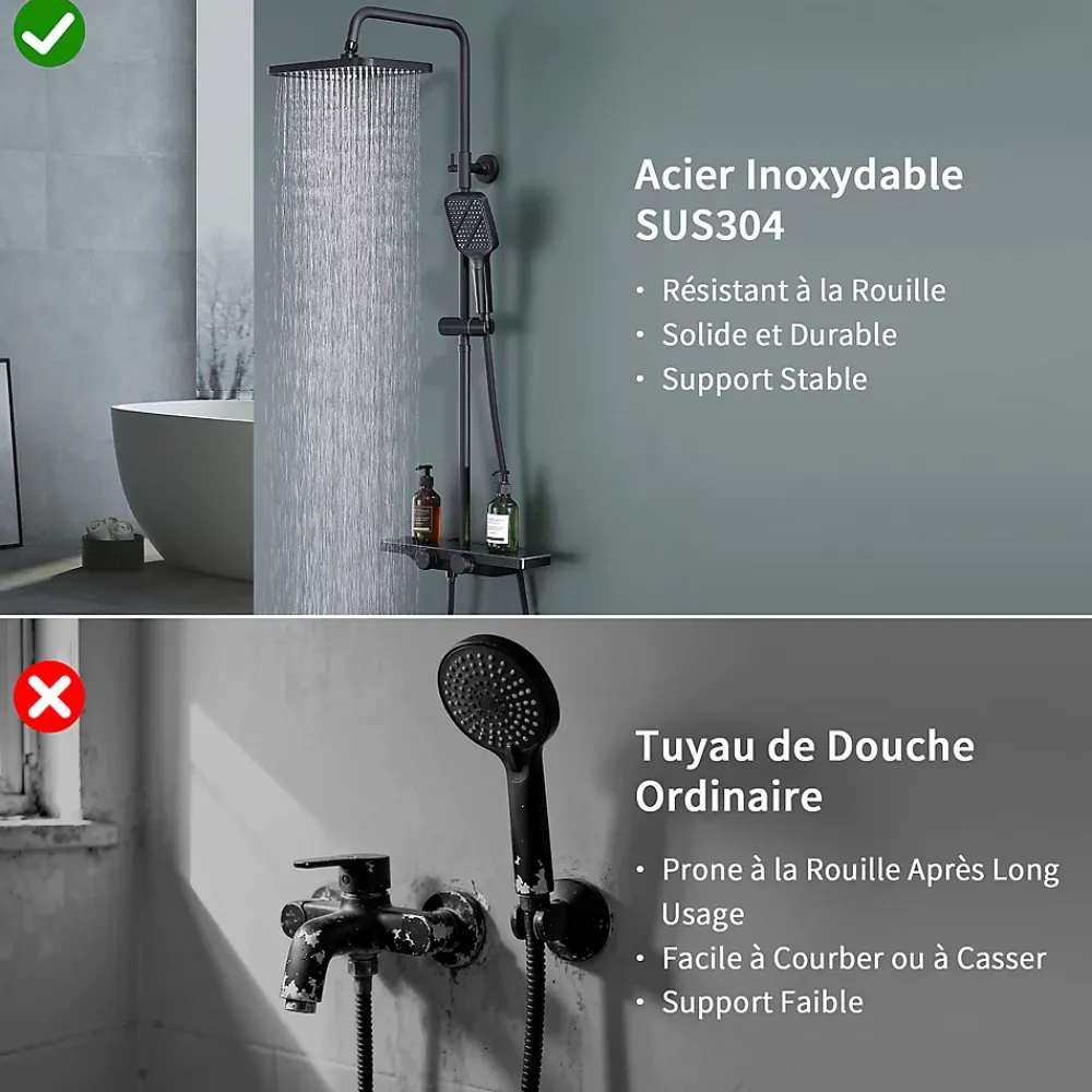 Homelody Colonne de Douche Thermostatique 38C avec Etageres Tete de Douche Pluie et Douchette Hauteur Reglable 1000 a 1240 mm Inox Noir