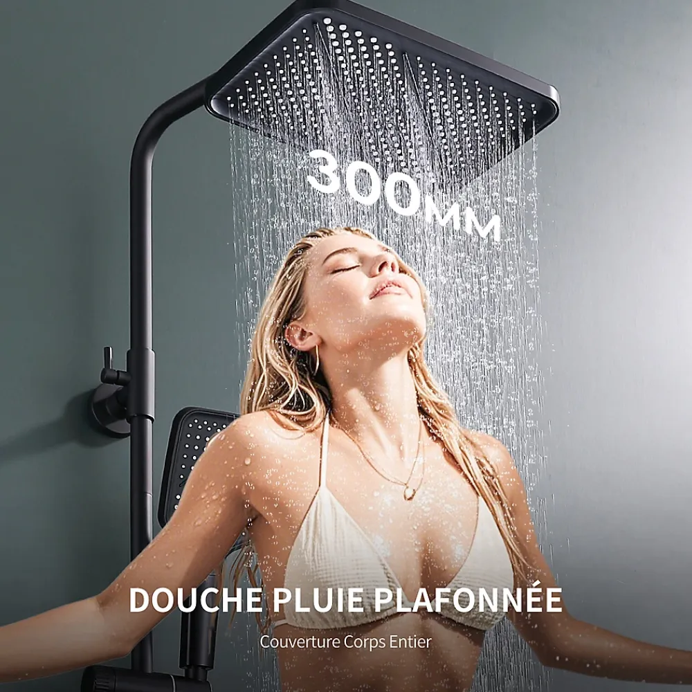 Homelody Colonne de Douche Thermostatique 38C avec Etageres Tete de Douche Pluie et Douchette Hauteur Reglable 1000 a 1240 mm Inox Noir