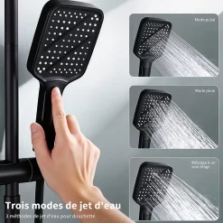 Homelody Colonne de Douche Thermostatique 38C avec Etageres Tete de Douche Pluie et Douchette Hauteur Reglable 1000 a 1240 mm Inox Noir