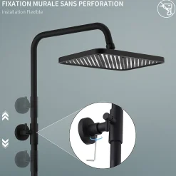 Homelody Colonne de Douche Thermostatique 38C avec Etageres Tete de Douche Pluie et Douchette Hauteur Reglable 1000 a 1240 mm Inox Noir