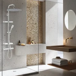 Valentin Colonne de douche thermostatique avec tablettes, pomme de tête large, douchette et flexible, chrome, Opium