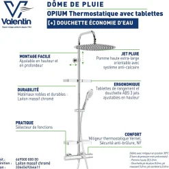 Valentin Colonne de douche thermostatique avec tablettes, pomme de tête large, douchette et flexible, chrome, Opium