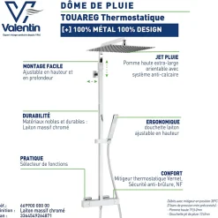 Colonne De Douche Thermostatique|Valentin Colonne de douche thermostatique avec pomme de tête, douchette et flexible, chrome, Allure