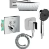 Hansgrohe Colonne de douche thermostatique ShowerSelect E Douche de tête Vernis Shape Flexible Isiflex Douchette Pulsify chromé
