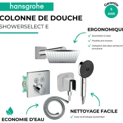Hansgrohe Colonne de douche thermostatique ShowerSelect E Douche de tête Vernis Shape Flexible Isiflex Douchette Pulsify chromé