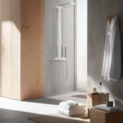 Colonne De Douche Hydromassante|Valentin Colonne de douche thermostatique hydromassante avec tablette, pomme de tête et flexible, en aluminium anodisé gris, Isme