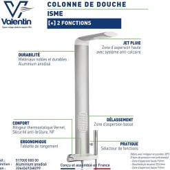 Colonne De Douche Hydromassante|Valentin Colonne de douche thermostatique hydromassante avec tablette, pomme de tête et flexible, en aluminium anodisé gris, Isme