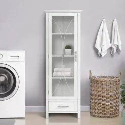 Teamson Home Colonne de rangement en effet bois blanc avec portes en verre