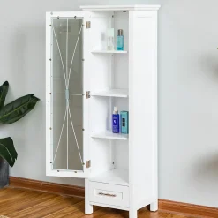 Teamson Home Colonne de rangement en effet bois blanc avec portes en verre