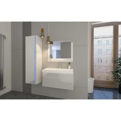 Colonne De Salle De Bains|Meublorama Colonne de salle de bain suspendu, collection BIRD, coloris Blanc mat et Blanc brillant, idéal pour une salle de bain moderne.