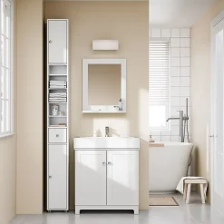 Sobuy Colonne de Salle de Bain Étroite Hydrofuge avec Étagères et Tiroirs Réglables - Armoire Gain de Place Blanche