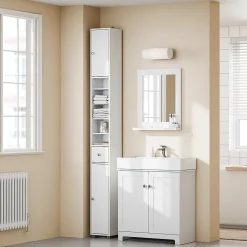 Sobuy Colonne de Salle de Bain Étroite Hydrofuge avec Étagères et Tiroirs Réglables - Armoire Gain de Place Blanche