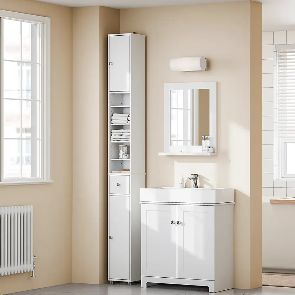 Sobuy Colonne de Salle de Bain Étroite Hydrofuge avec Étagères et Tiroirs Réglables - Armoire Gain de Place Blanche